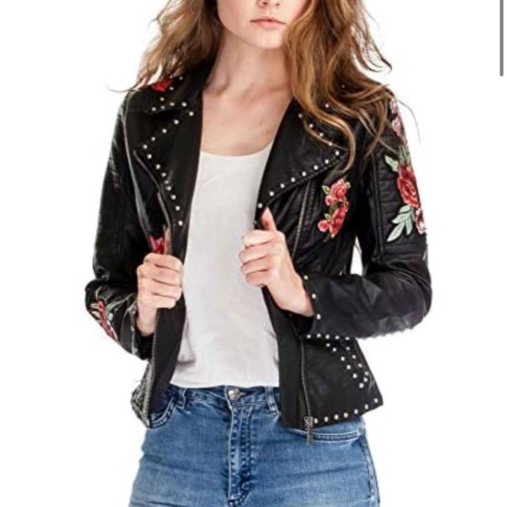 LA Coalition  Floral Embroidered faux Leather Jacket M